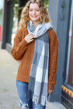 Load image into Gallery viewer, Keep Me Cozy Charcoal Grey Check Fringe Scarf