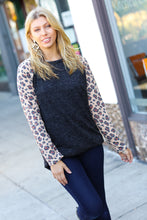 Load image into Gallery viewer, Black Hacci Sweater Knit Long Leopard Sleeve Pullover