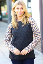 Load image into Gallery viewer, Black Hacci Sweater Knit Long Leopard Sleeve Pullover