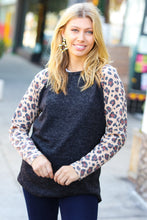Load image into Gallery viewer, Black Hacci Sweater Knit Long Leopard Sleeve Pullover