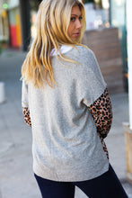 Load image into Gallery viewer, Grey Hacci Button Placard Leopard Print Dolman Top