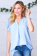 Load image into Gallery viewer, Soft Blue Airflow Ruffle Sleeve Hi-Low V Neck Top