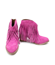 Load image into Gallery viewer, Amos Fringe Ankle Bootie in Magenta Suede