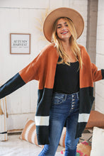 Load image into Gallery viewer, Rust/Black Color Block Midi Length Knit Cardigan