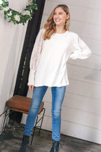 Load image into Gallery viewer, White Hacci Floral Lace Sleeve Sweater Top
