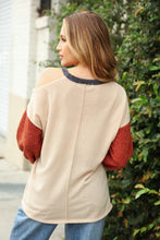 Load image into Gallery viewer, Oatmeal Two Tone Sweater Knit Cold Shoulder Top