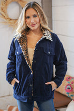 Load image into Gallery viewer, Navy Ribbed Animal Print Detail Button Sherpa Jacket