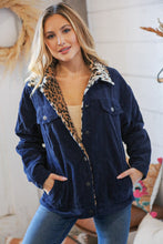 Load image into Gallery viewer, Navy Ribbed Animal Print Detail Button Sherpa Jacket
