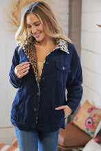 Load image into Gallery viewer, Navy Ribbed Animal Print Detail Button Sherpa Jacket