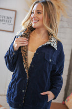 Load image into Gallery viewer, Navy Ribbed Animal Print Detail Button Sherpa Jacket
