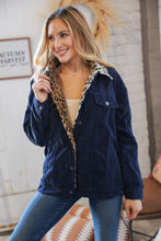 Load image into Gallery viewer, Navy Ribbed Animal Print Detail Button Sherpa Jacket