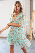 Load image into Gallery viewer, Teal Chiffon Ruffle V Neck Back Tie Lined Dress