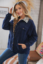 Load image into Gallery viewer, Navy Ribbed Animal Print Detail Button Sherpa Jacket