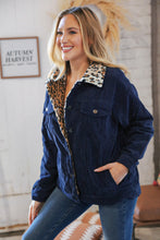 Load image into Gallery viewer, Navy Ribbed Animal Print Detail Button Sherpa Jacket