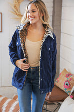 Load image into Gallery viewer, Navy Ribbed Animal Print Detail Button Sherpa Jacket
