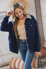 Load image into Gallery viewer, Navy Ribbed Animal Print Detail Button Sherpa Jacket