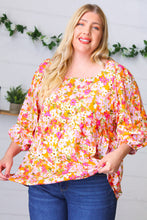 Load image into Gallery viewer, Orange Square Neck Peplum Floral Challis Top