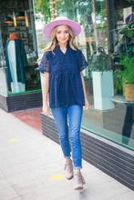 Load image into Gallery viewer, Navy Swiss Dot Chiffon Crochet Detailed Lined Top