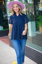 Load image into Gallery viewer, Navy Swiss Dot Chiffon Crochet Detailed Lined Top