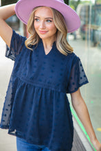 Load image into Gallery viewer, Navy Swiss Dot Chiffon Crochet Detailed Lined Top