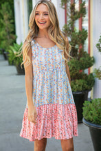 Load image into Gallery viewer, Blue & Pink Vertical Floral Tie Knot Shoulder Tiered Dress