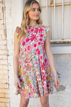Load image into Gallery viewer, Pink and Sage Floral Tiered Ruffle Cap Sleeve Dress