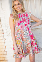 Load image into Gallery viewer, Pink and Sage Floral Tiered Ruffle Cap Sleeve Dress