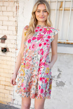 Load image into Gallery viewer, Pink and Sage Floral Tiered Ruffle Cap Sleeve Dress