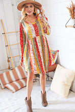 Load image into Gallery viewer, Yellow/Sage Floral Patchwork Long Sleeve Babydoll Dress