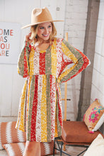 Load image into Gallery viewer, Yellow/Sage Floral Patchwork Long Sleeve Babydoll Dress