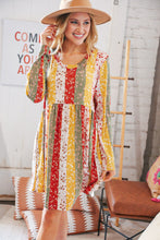 Load image into Gallery viewer, Yellow/Sage Floral Patchwork Long Sleeve Babydoll Dress