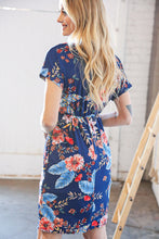 Load image into Gallery viewer, Navy Tropical Floral Print Surplice Elastic Waist Dress