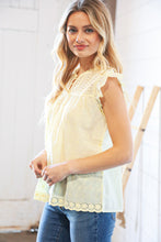 Load image into Gallery viewer, Light Yellow Cotton Eyelet Button Loop Frill Top
