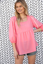 Load image into Gallery viewer, Coral Babydoll Bubble Sleeve Pom-Pom Lace Top