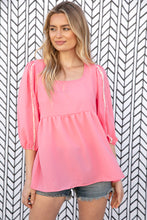 Load image into Gallery viewer, Coral Babydoll Bubble Sleeve Pom-Pom Lace Top