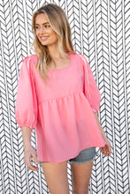 Load image into Gallery viewer, Coral Babydoll Bubble Sleeve Pom-Pom Lace Top