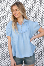 Load image into Gallery viewer, Baby Blue Cotton Linen Frayed Yoke Collared Top