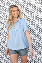 Load image into Gallery viewer, Baby Blue Cotton Linen Frayed Yoke Collared Top