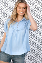 Load image into Gallery viewer, Baby Blue Cotton Linen Frayed Yoke Collared Top