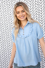Load image into Gallery viewer, Baby Blue Cotton Linen Frayed Yoke Collared Top