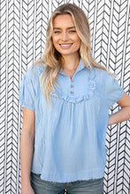 Load image into Gallery viewer, Baby Blue Cotton Linen Frayed Yoke Collared Top