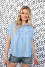 Load image into Gallery viewer, Baby Blue Cotton Linen Frayed Yoke Collared Top