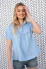 Load image into Gallery viewer, Baby Blue Cotton Linen Frayed Yoke Collared Top