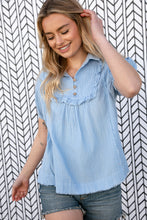 Load image into Gallery viewer, Baby Blue Cotton Linen Frayed Yoke Collared Top