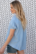 Load image into Gallery viewer, Baby Blue Cotton Linen Frayed Yoke Collared Top