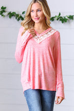 Load image into Gallery viewer, Coral Rib Lace V Neck Button Detail Top