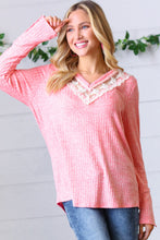Load image into Gallery viewer, Coral Rib Lace V Neck Button Detail Top