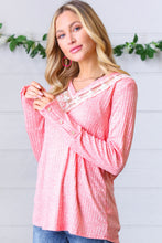 Load image into Gallery viewer, Coral Rib Lace V Neck Button Detail Top