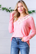 Load image into Gallery viewer, Coral Rib Lace V Neck Button Detail Top