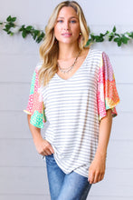 Load image into Gallery viewer, Multicolor Floral Patchwork Bell Sleeve Striped Top